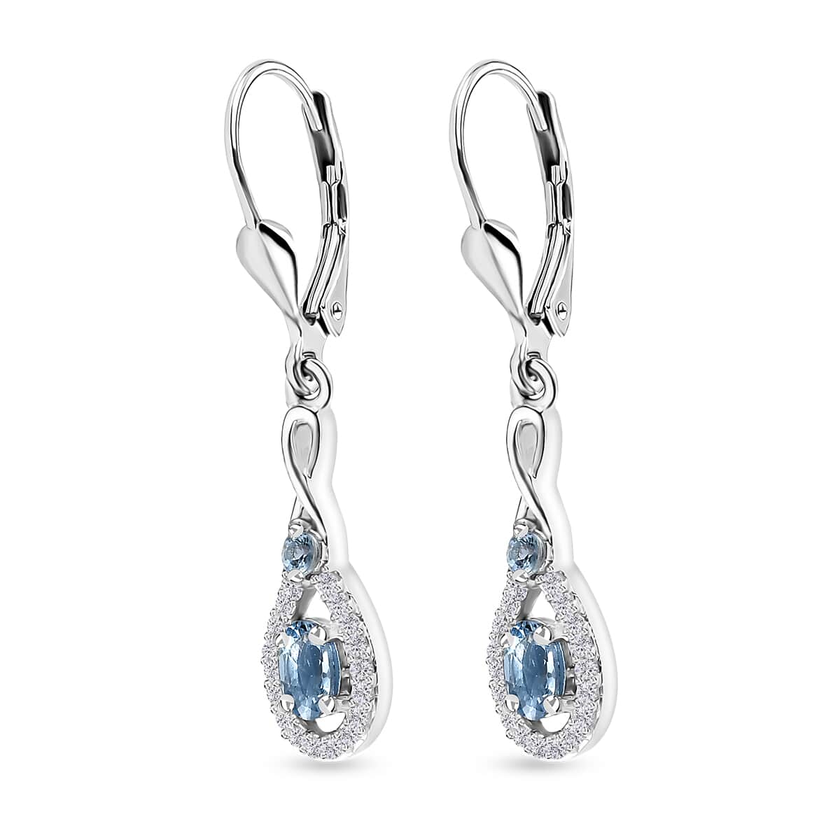 Santa Maria Aquamarine and White Zircon Lever Back Earrings in Platinum Over Sterling Silver 0.85 ctw image number 3