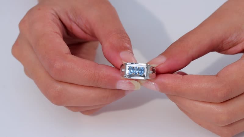 Santa Maria Aquamarine and White Zircon Men's Ring in Platinum Over Sterling Silver (Size 10.0) 0.75 ctw