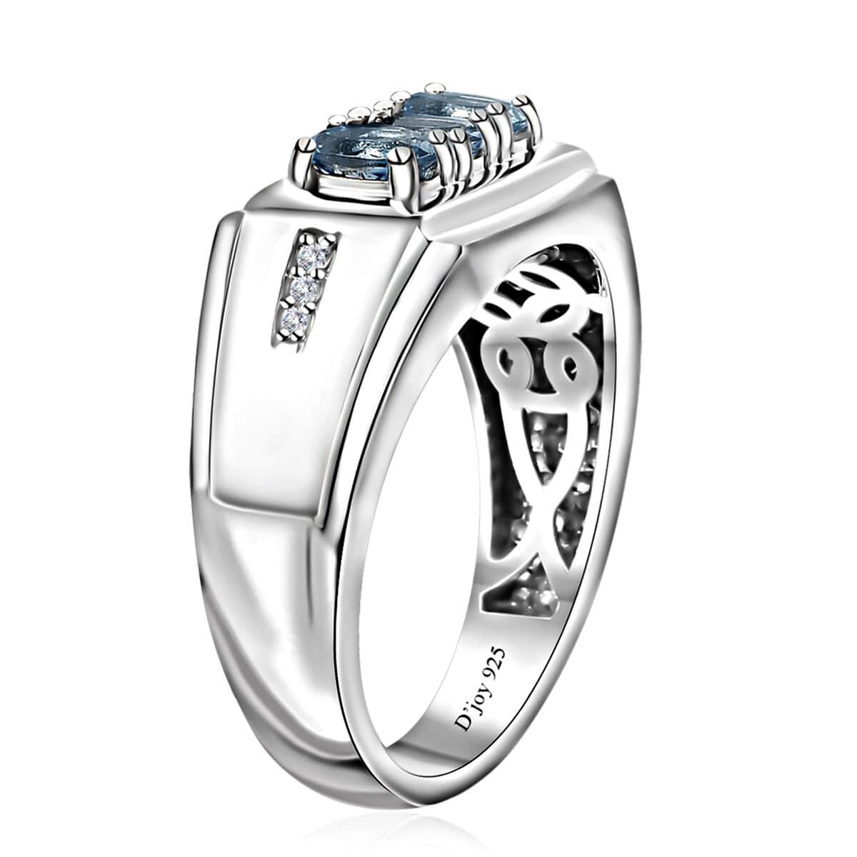 Santa Maria Aquamarine and White Zircon Men's Ring in Platinum Over Sterling Silver (Size 10.0) 0.75 ctw image number 3