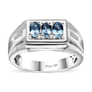 Santa Maria Aquamarine and White Zircon Men's Ring in Platinum Over Sterling Silver (Size 12.0) 0.75 ctw
