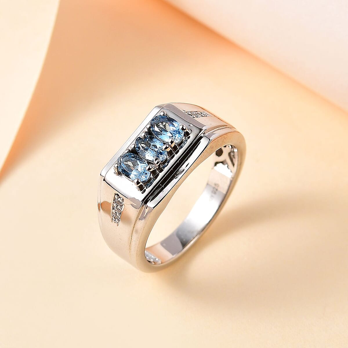 Santa Maria Aquamarine and White Zircon Men's Ring in Platinum Over Sterling Silver (Size 9.0) 0.75 ctw image number 1
