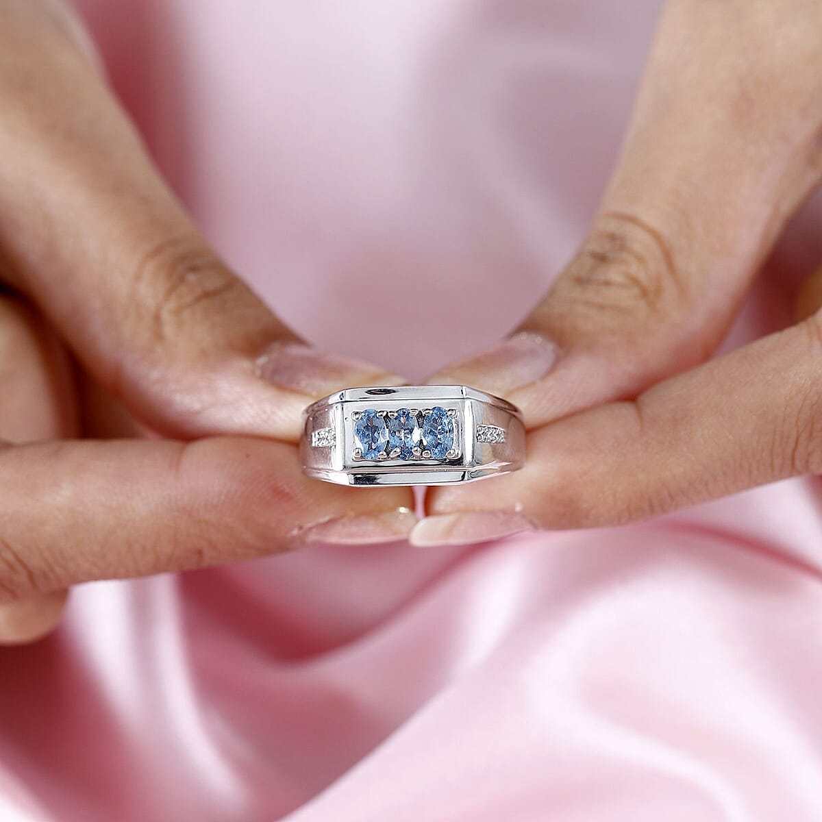 Santa Maria Aquamarine and White Zircon Men's Ring in Platinum Over Sterling Silver (Size 9.0) 0.75 ctw image number 2