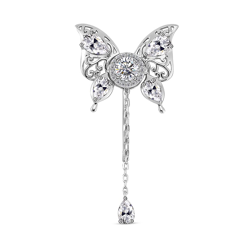 Moissanite Butterfly Pendant or Brooch in Rhodium Over Sterling Silver 1.90 ctw