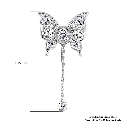 Moissanite Butterfly Pendant or Brooch in Rhodium Over Sterling Silver 1.90 ctw