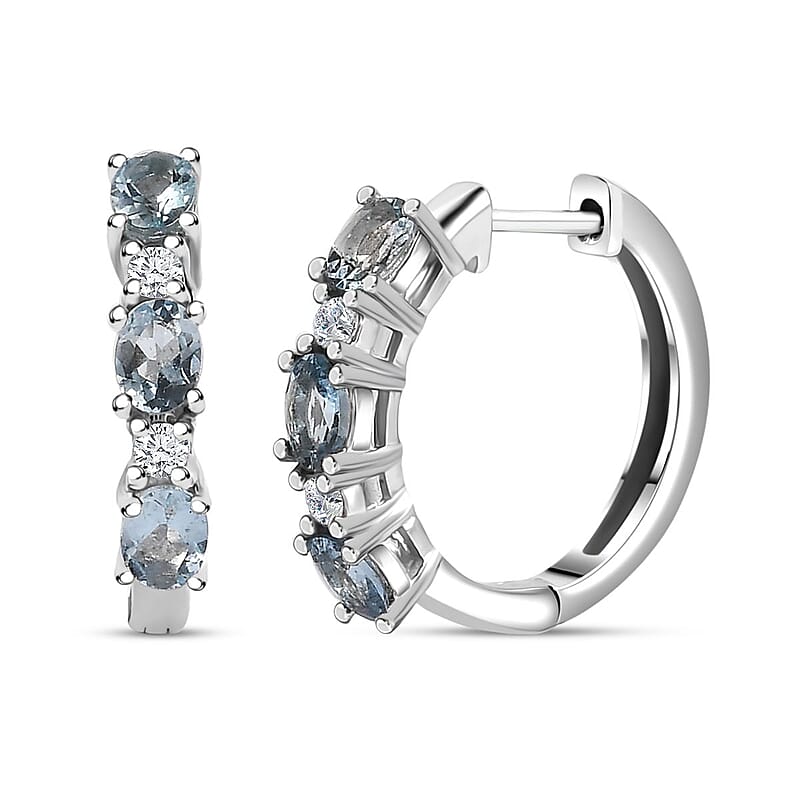 Santa Maria Aquamarine and Moissanite Hoop Earrings in Platinum Over Sterling Silver 1.10 ctw