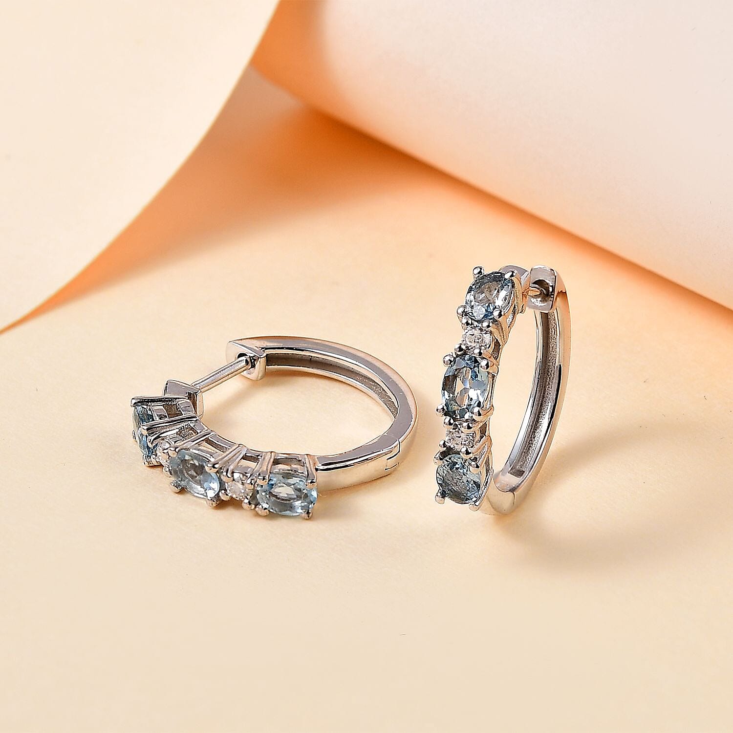 Santa Maria Aquamarine and Moissanite Hoop Earrings in Platinum Over Sterling Silver 1.10 ctw