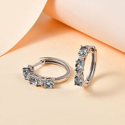 Santa Maria Aquamarine and Moissanite Hoop Earrings in Platinum Over Sterling Silver 1.10 ctw