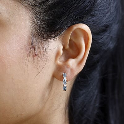 Santa Maria Aquamarine and Moissanite Hoop Earrings in Platinum Over Sterling Silver 1.10 ctw