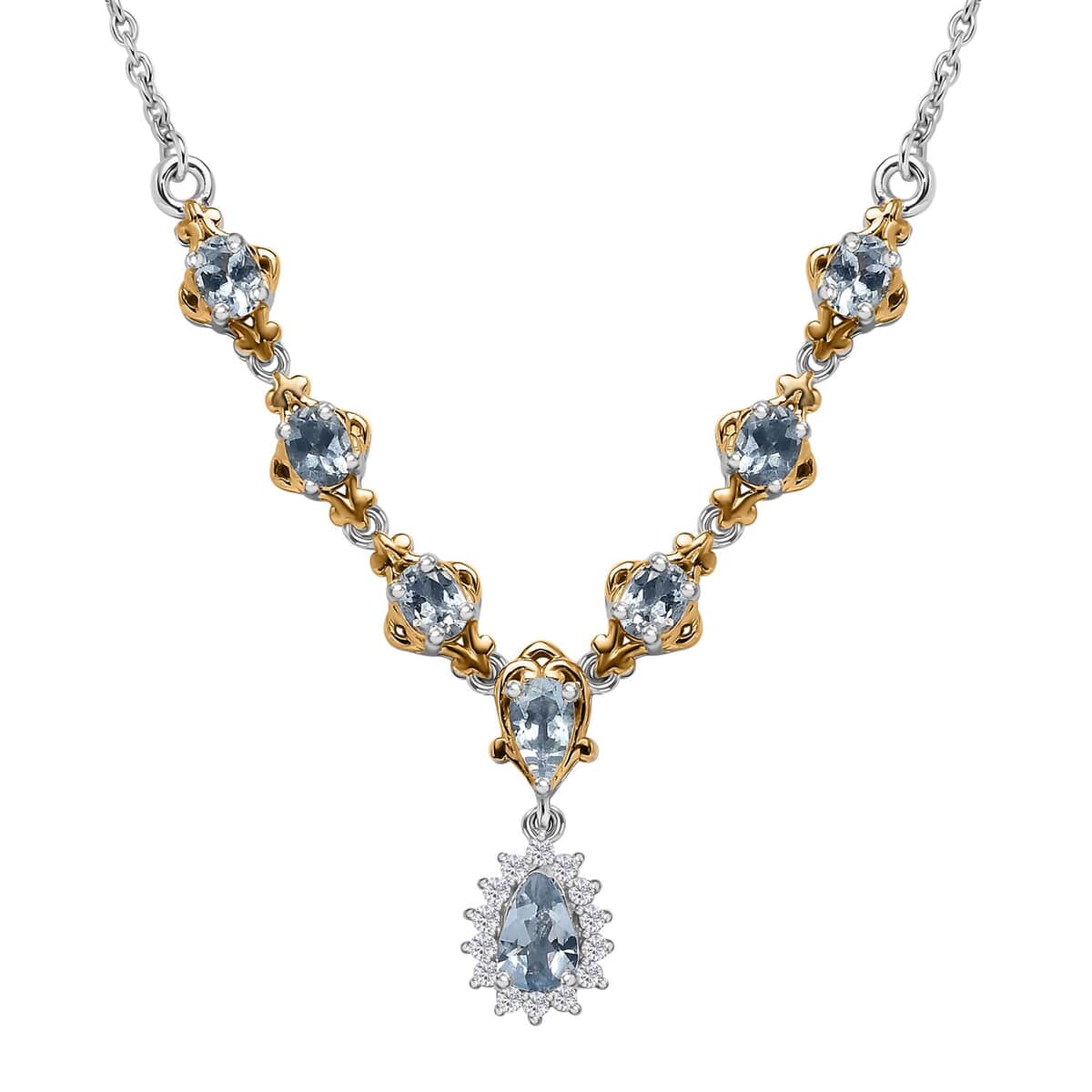 Santa Maria Aquamarine and White Zircon Necklace 18-20 Inches in Vermeil Yellow Gold and Platinum Over Sterling Silver 1.60 ctw image number 0