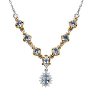 Santa Maria Aquamarine and White Zircon Necklace 18-20 Inches in Vermeil Yellow Gold and Platinum Over Sterling Silver 1.60 ctw