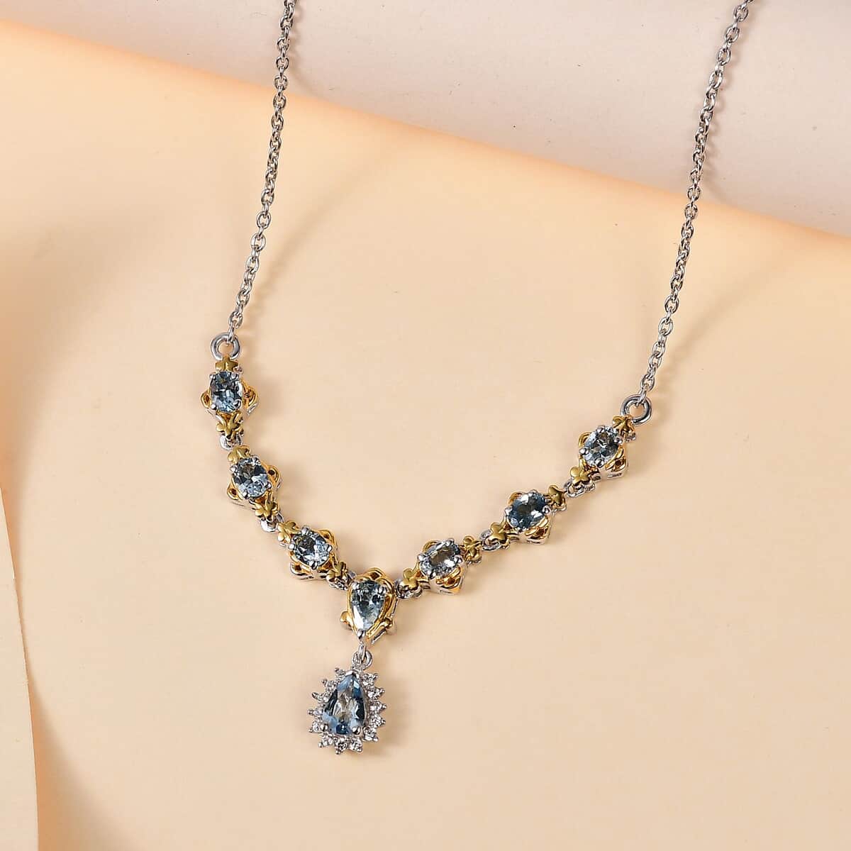 Santa Maria Aquamarine and White Zircon Necklace 18-20 Inches in Vermeil Yellow Gold and Platinum Over Sterling Silver 1.60 ctw image number 1