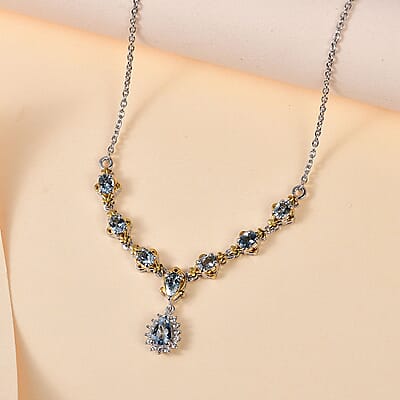 Santa Maria Aquamarine and White Zircon Necklace 18-20 Inches in Vermeil Yellow Gold and Platinum Over Sterling Silver 1.60 ctw