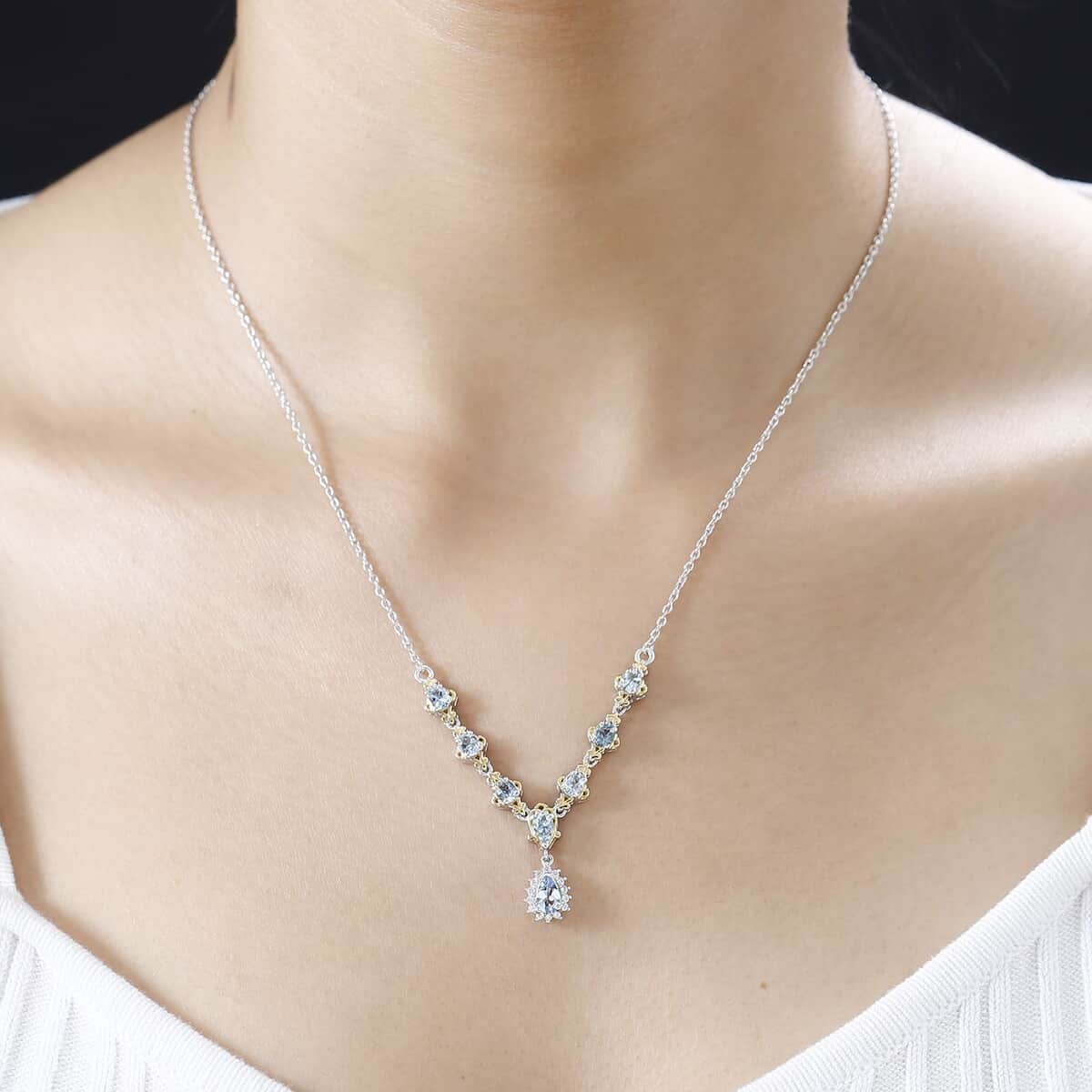 Santa Maria Aquamarine and White Zircon Necklace 18-20 Inches in Vermeil Yellow Gold and Platinum Over Sterling Silver 1.60 ctw image number 2