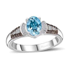 Santa Maria Aquamarine, Natural Champagne and White Diamond Ring in Platinum Over Sterling Silver (Size 10.0) 0.90 ctw