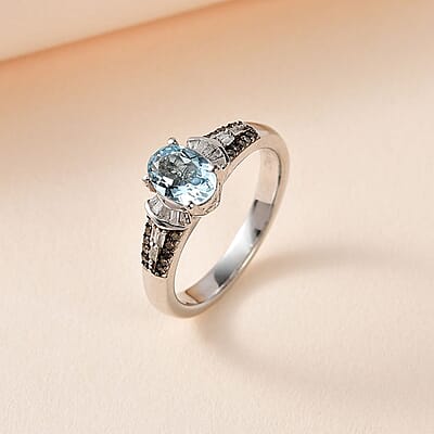 Santa Maria Aquamarine, Natural Champagne and White Diamond Ring in Platinum Over Sterling Silver (Size 10.0) 0.90 ctw