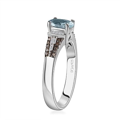 Santa Maria Aquamarine, Natural Champagne and White Diamond Ring in Platinum Over Sterling Silver (Size 10.0) 0.90 ctw