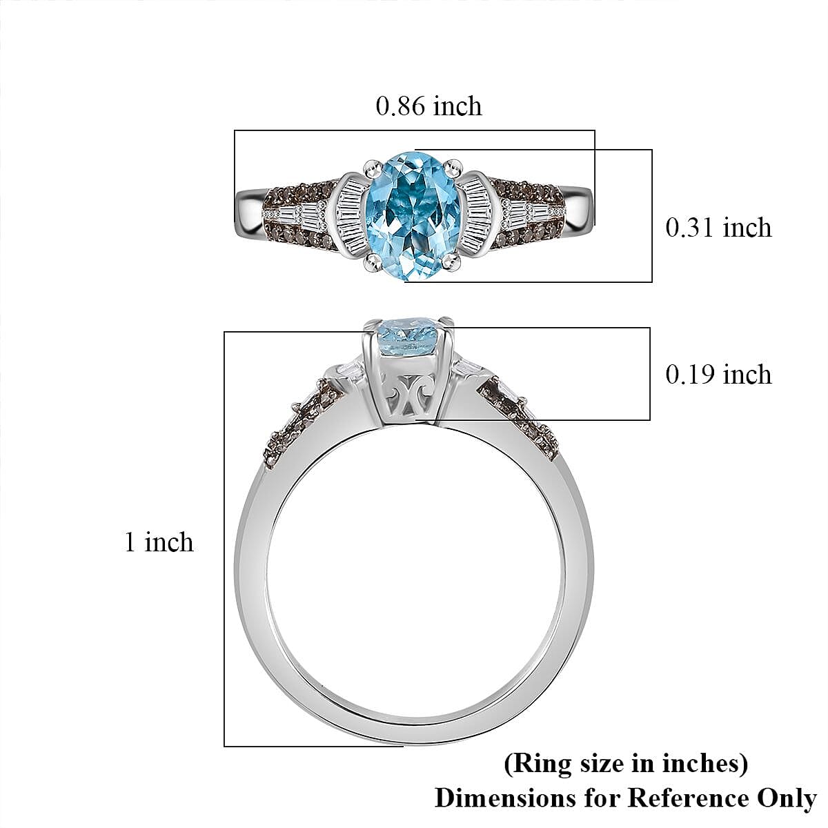 Santa Maria Aquamarine, Natural Champagne and White Diamond Ring in Platinum Over Sterling Silver (Size 10.0) 0.90 ctw