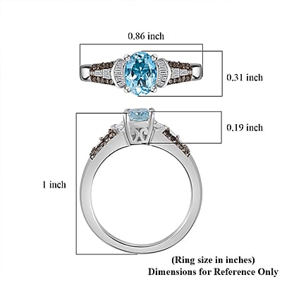 Santa Maria Aquamarine, Natural Champagne and White Diamond Ring in Platinum Over Sterling Silver (Size 10.0) 0.90 ctw