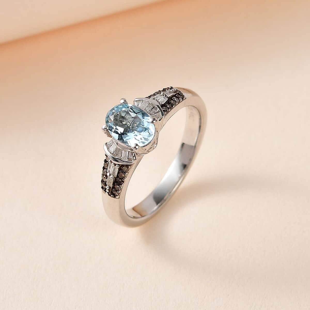 Santa Maria Aquamarine, Natural Champagne and White Diamond Ring in Platinum Over Sterling Silver (Size 8.0) 0.90 ctw image number 1