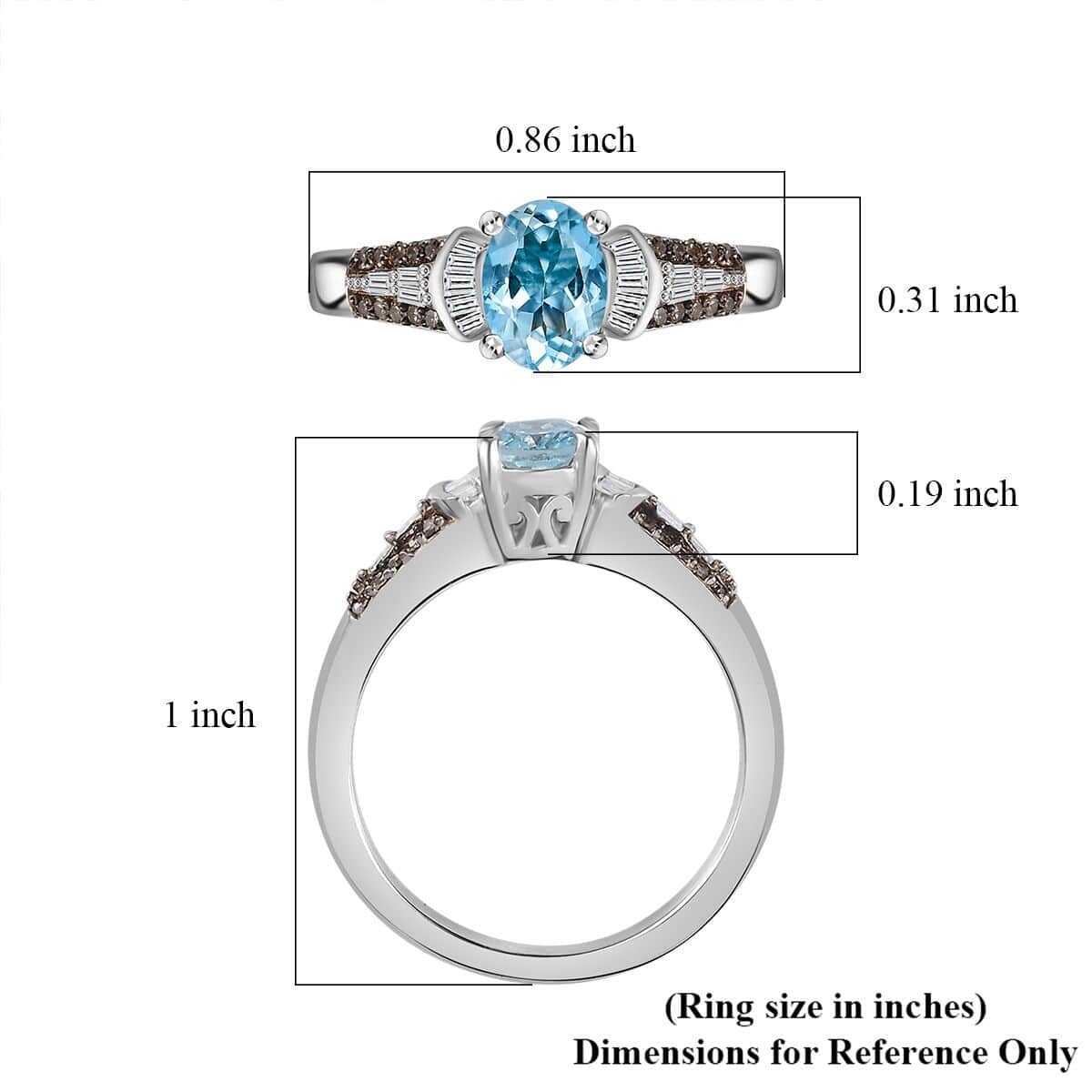 Santa Maria Aquamarine, Natural Champagne and White Diamond Ring in Platinum Over Sterling Silver (Size 8.0) 0.90 ctw image number 5