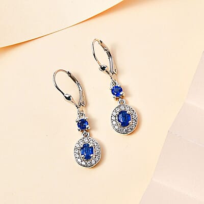 Kashmir Kyanite and White Zircon Lever Back Earrings in Platinum Over Sterling Silver 1.75 ctw