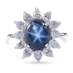 Blue Star Sapphire (DF) and Moissanite Sunburst Ring in Platinum Over Sterling Silver (Size 10.0) 7.90 ctw