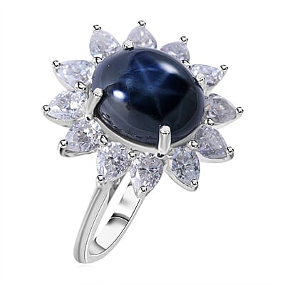 Blue Star Sapphire (DF) and Moissanite Sunburst Ring in Platinum Over Sterling Silver (Size 10.0) 7.90 ctw