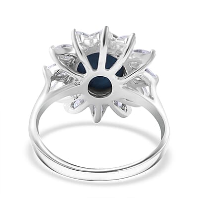 Blue Star Sapphire (DF) and Moissanite Sunburst Ring in Platinum Over Sterling Silver (Size 10.0) 7.90 ctw