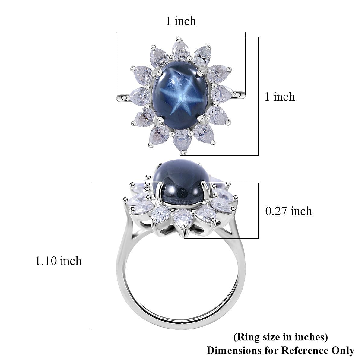 Blue Star Sapphire (DF) and Moissanite Sunburst Ring in Platinum Over Sterling Silver (Size 10.0) 7.90 ctw