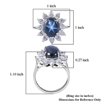 Blue Star Sapphire (DF) and Moissanite Sunburst Ring in Platinum Over Sterling Silver (Size 10.0) 7.90 ctw