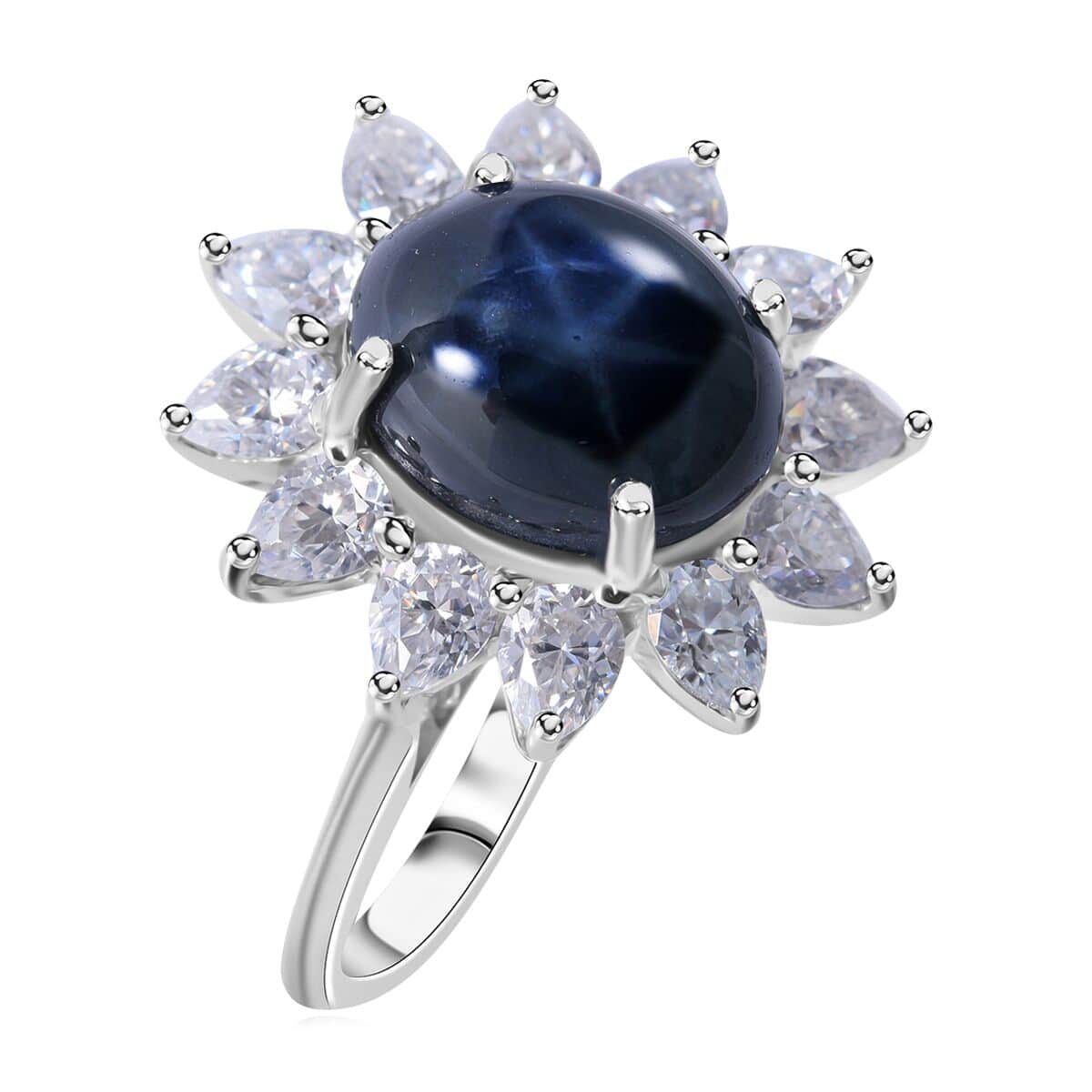 Blue Star Sapphire (DF) and Moissanite Sunburst Ring in Platinum Over Sterling Silver (Size 11.0) 7.90 ctw image number 2