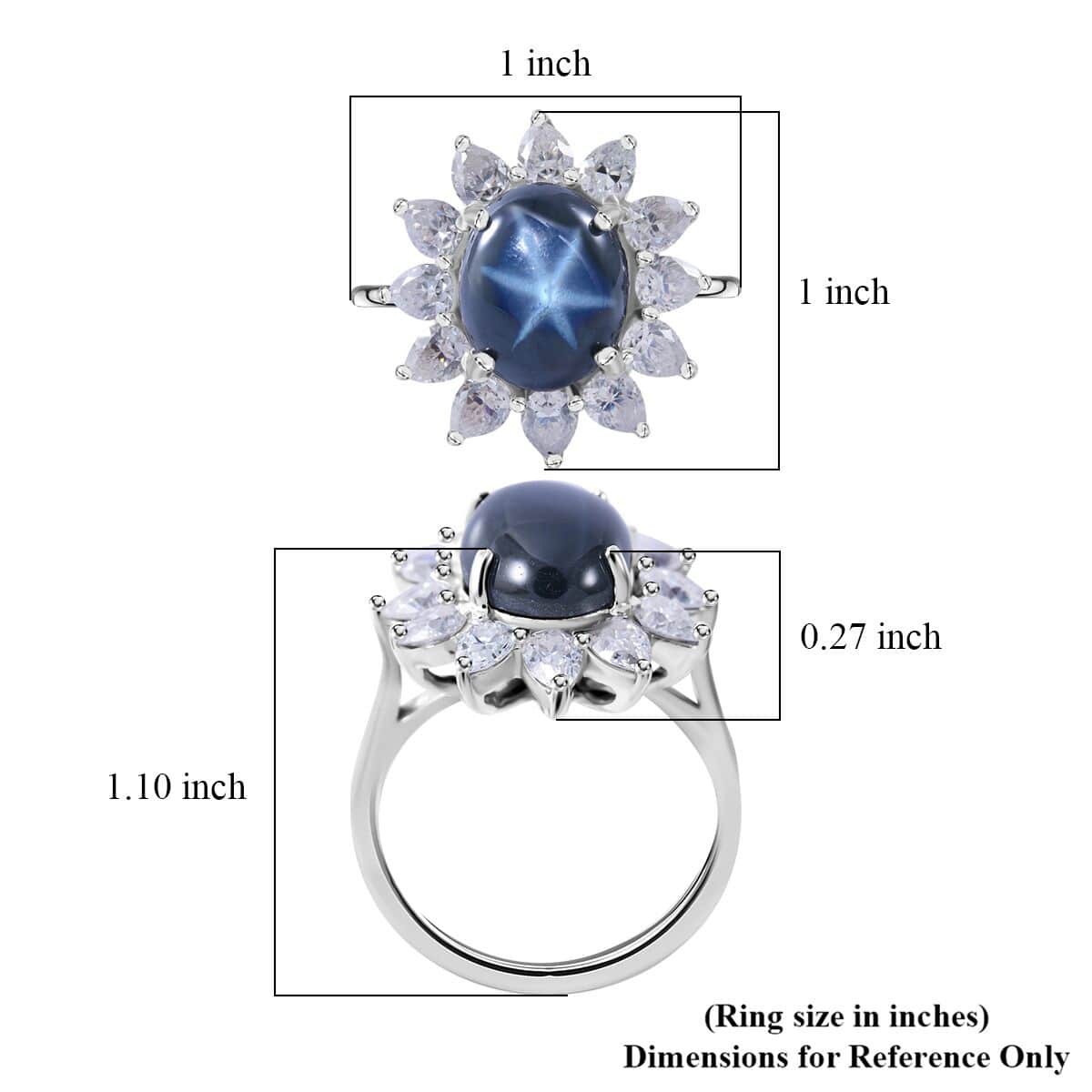 Blue Star Sapphire (DF) and Moissanite Sunburst Ring in Platinum Over Sterling Silver (Size 11.0) 7.90 ctw image number 4