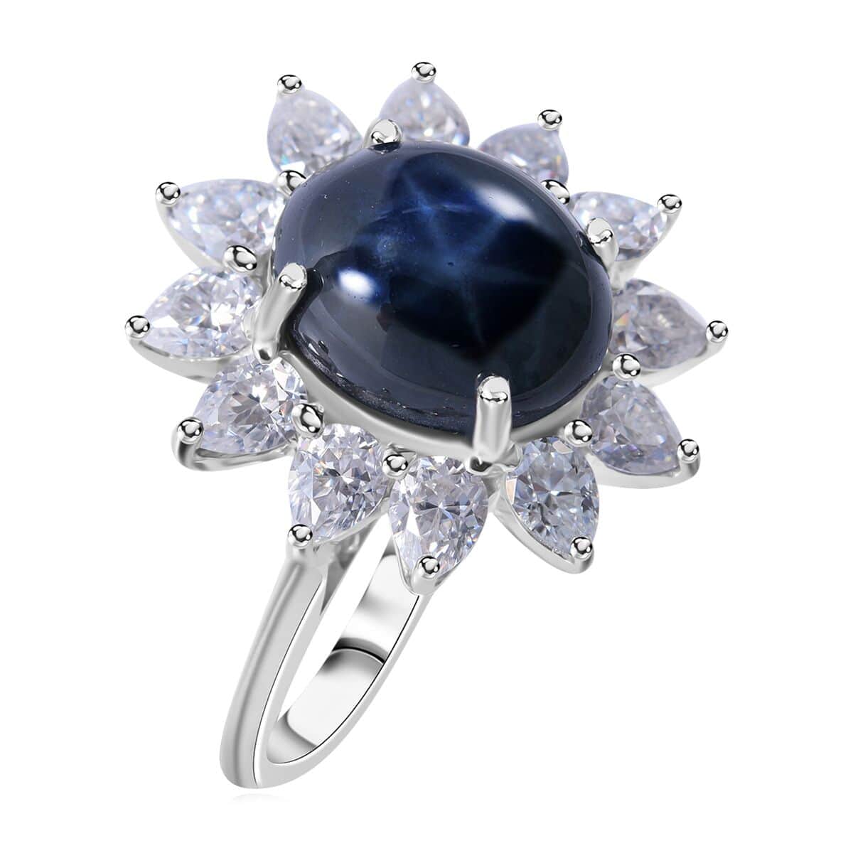 Blue Star Sapphire (DF) and Moissanite Sunburst Ring in Platinum Over Sterling Silver (Size 6.0) 7.90 ctw image number 2