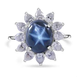 Blue Star Sapphire (DF) and Moissanite Sunburst Ring in Platinum Over Sterling Silver (Size 7.0) 7.90 ctw