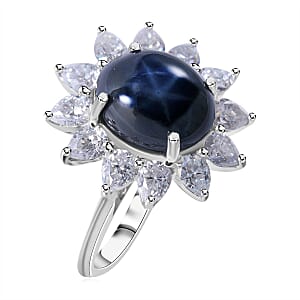 Blue Star Sapphire (DF) and Moissanite Sunburst Ring in Platinum Over Sterling Silver (Size 7.0) 7.90 ctw