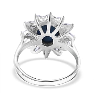 Blue Star Sapphire (DF) and Moissanite Sunburst Ring in Platinum Over Sterling Silver (Size 7.0) 7.90 ctw