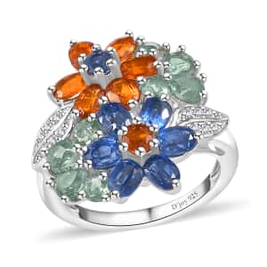 Kashmir Kyanite and Multi Gemstone Floral Ring in Platinum Over Sterling Silver (Size 10.0) 5.25 ctw