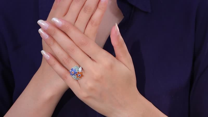 Kashmir Kyanite and Multi Gemstone Floral Ring in Platinum Over Sterling Silver (Size 10.0) 5.25 ctw