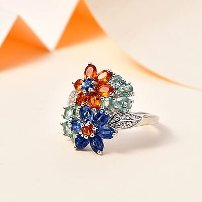 Kashmir Kyanite and Multi Gemstone Floral Ring in Platinum Over Sterling Silver (Size 10.0) 5.25 ctw