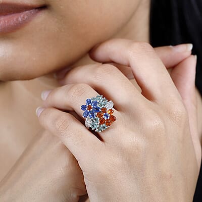 Kashmir Kyanite and Multi Gemstone Floral Ring in Platinum Over Sterling Silver (Size 10.0) 5.25 ctw