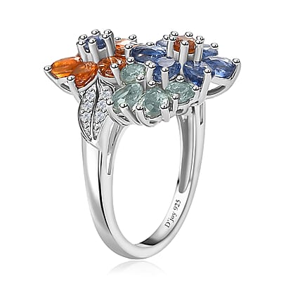 Kashmir Kyanite and Multi Gemstone Floral Ring in Platinum Over Sterling Silver (Size 10.0) 5.25 ctw