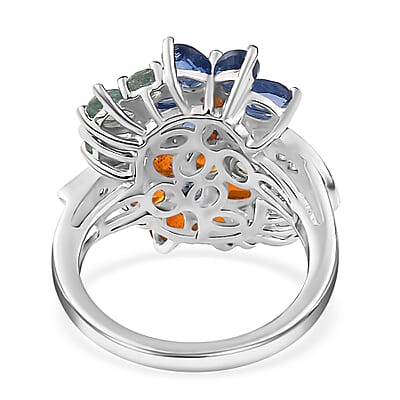 Kashmir Kyanite and Multi Gemstone Floral Ring in Platinum Over Sterling Silver (Size 10.0) 5.25 ctw