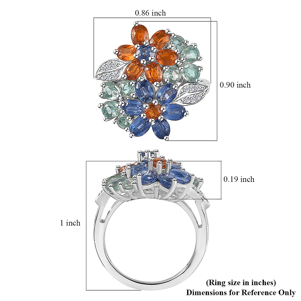 Kashmir Kyanite and Multi Gemstone Floral Ring in Platinum Over Sterling Silver (Size 10.0) 5.25 ctw