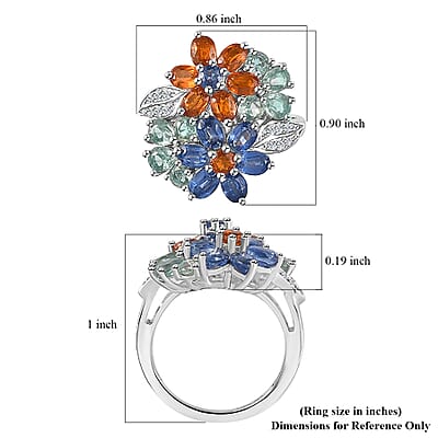 Kashmir Kyanite and Multi Gemstone Floral Ring in Platinum Over Sterling Silver (Size 10.0) 5.25 ctw