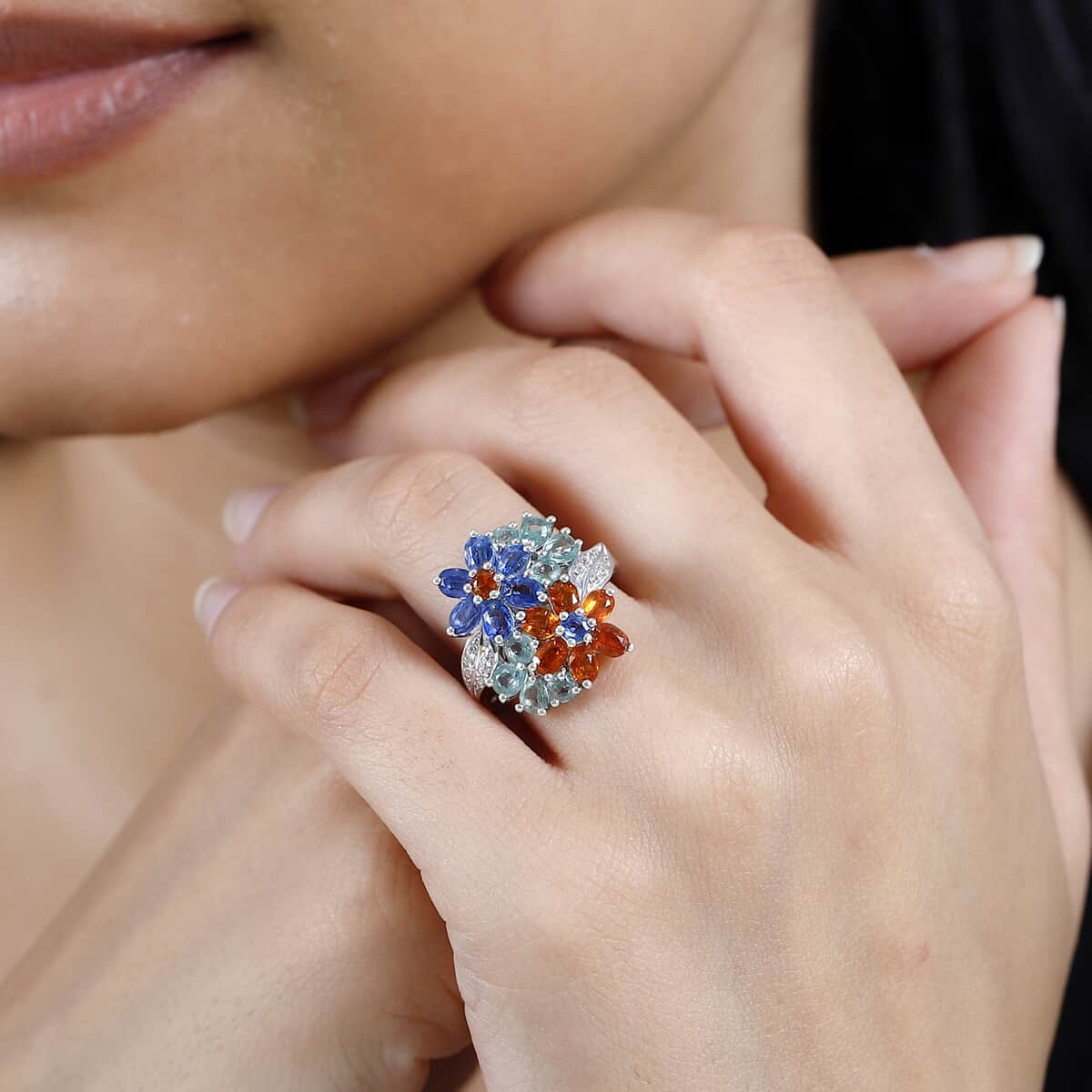 Kashmir Kyanite and Multi Gemstone Floral Ring in Platinum Over Sterling Silver (Size 6.0) 5.25 ctw image number 2