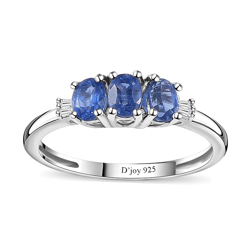 Kashmir Kyanite and Diamond Accent Trilogy Ring in Platinum Over Sterling Silver (Size 10.0) 0.80 ctw