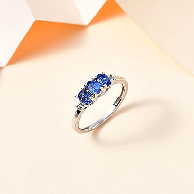 Kashmir Kyanite and Diamond Accent Trilogy Ring in Platinum Over Sterling Silver (Size 10.0) 0.80 ctw