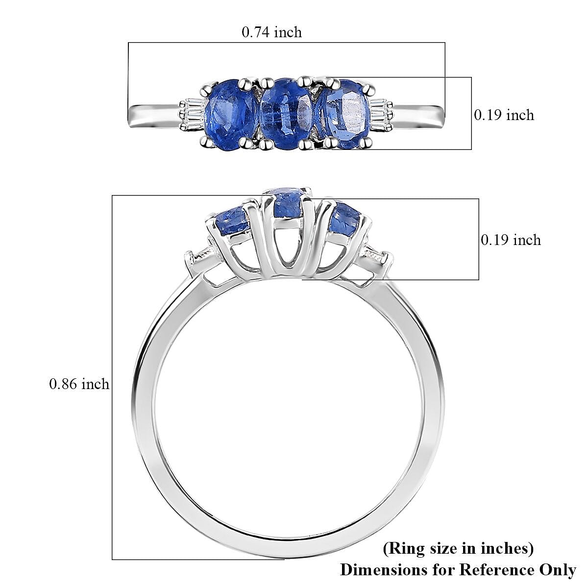 Kashmir Kyanite and Diamond Accent Trilogy Ring in Platinum Over Sterling Silver (Size 10.0) 0.80 ctw