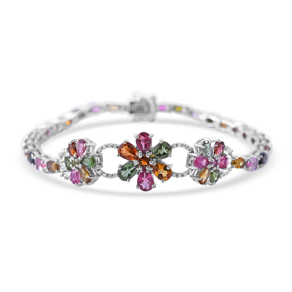 Multi-Tourmaline, White Zircon Floral Bracelet in Platinum Over Sterling Silver (6.50 In) 10.75 ctw image number 0