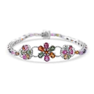 Multi-Tourmaline and White Zircon Floral Bracelet in Platinum Over Sterling Silver (7.25 In) 11.65 ctw